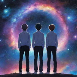 Anime-inspired artwork of twin brothers standing side by side, their features identical yet unique. Behind them, a breathtaking background of a vibrant galaxy, with swirling stars in multiple colors.