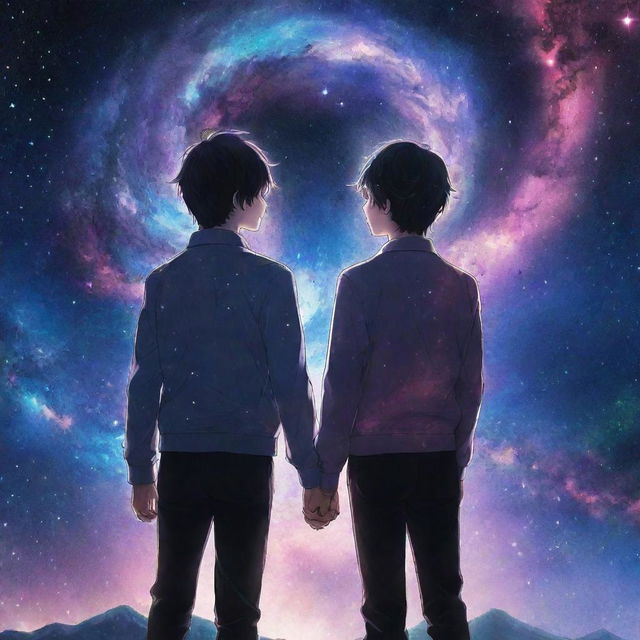 Anime-inspired artwork of twin brothers standing side by side, their features identical yet unique. Behind them, a breathtaking background of a vibrant galaxy, with swirling stars in multiple colors.