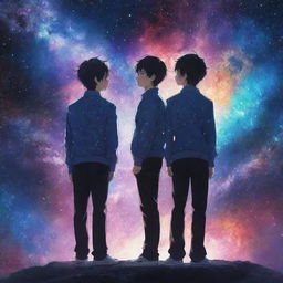 Anime-inspired artwork of twin brothers standing side by side, their features identical yet unique. Behind them, a breathtaking background of a vibrant galaxy, with swirling stars in multiple colors.