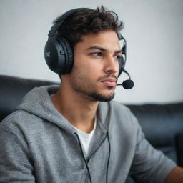 A person intensely playing a video game, wearing a high-tech gaming headset immersed in the virtual world.