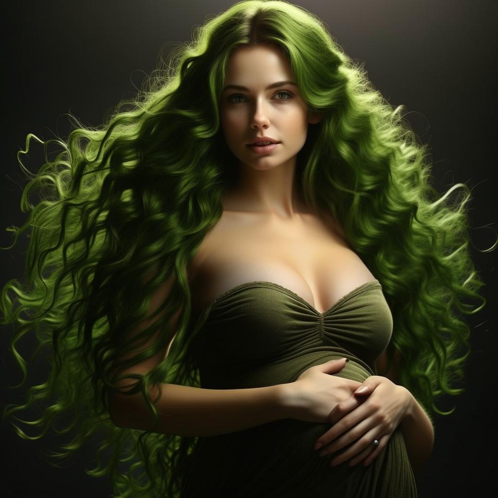 Create a hyper-realistic, UHD image of a green-haired woman with a pregnant belly, marveling at the beauty and perfection of the baby within. Emphasize natural textures and high detail.