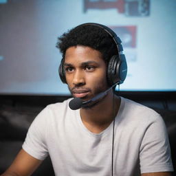 A person intensely playing a video game, wearing a high-tech gaming headset immersed in the virtual world.