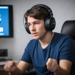 A person intensely playing a video game, wearing a high-tech gaming headset immersed in the virtual world.