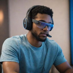 A person intensely playing a video game, wearing a high-tech gaming headset immersed in the virtual world.