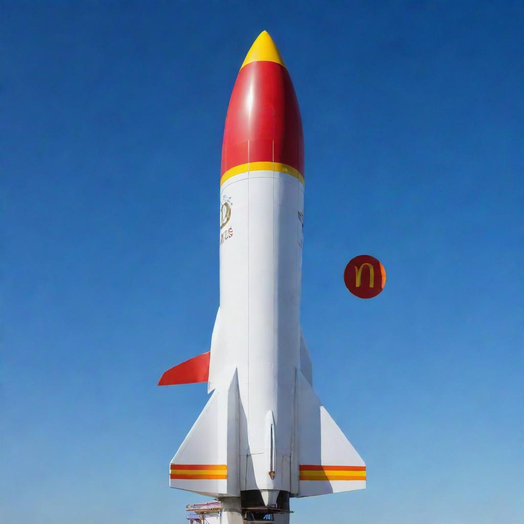 A sleek, futuristic rocket bearing the recognizable McDonald's logo on its side, ready for lift-off against a clear blue sky.