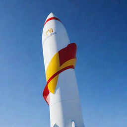 A sleek, futuristic rocket bearing the recognizable McDonald's logo on its side, ready for lift-off against a clear blue sky.