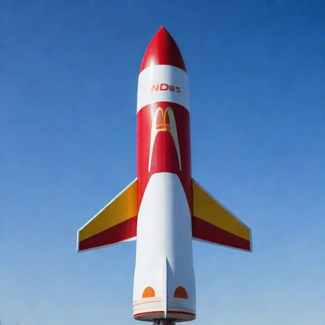 A sleek, futuristic rocket bearing the recognizable McDonald's logo on its side, ready for lift-off against a clear blue sky.