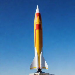 A sleek, futuristic rocket bearing the recognizable McDonald's logo on its side, ready for lift-off against a clear blue sky.