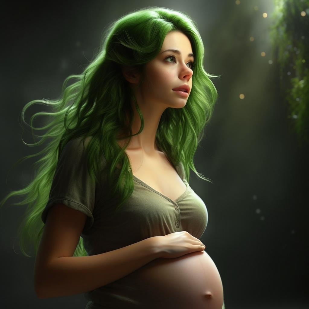 Create a hyper-realistic, UHD image of a green-haired woman with a pregnant belly, marveling at the beauty and perfection of the baby within. Emphasize natural textures and high detail.