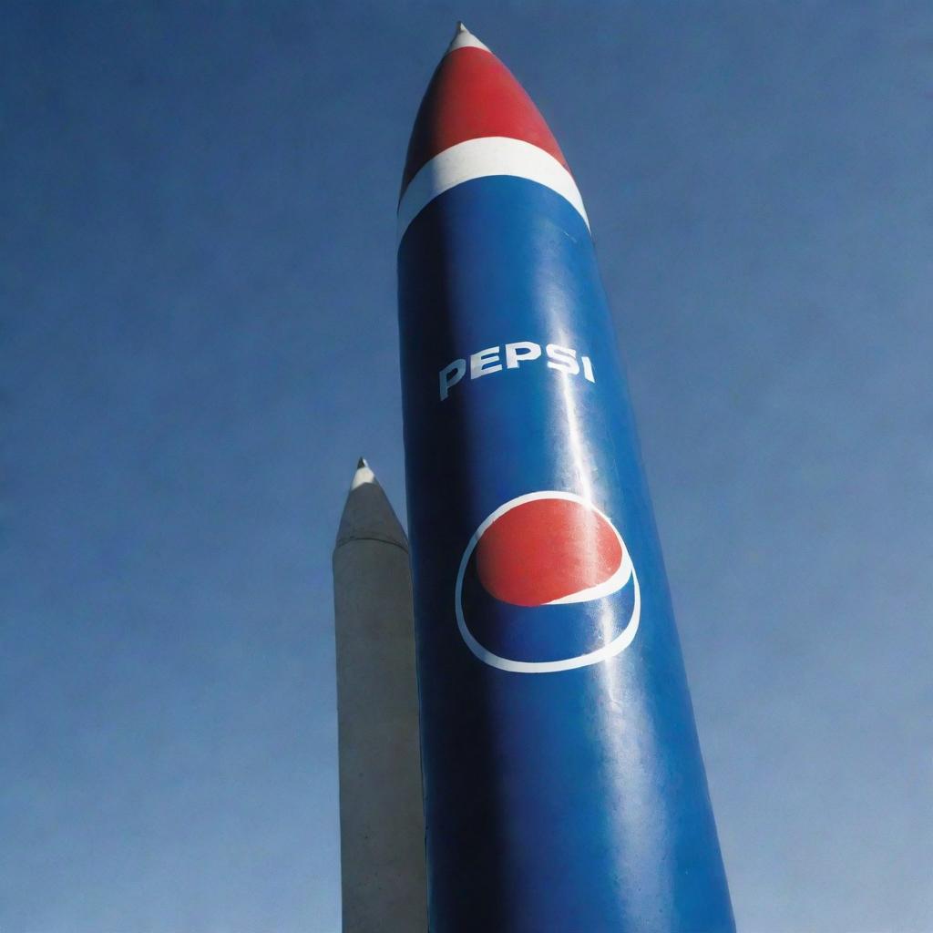 A detailed high-contrast image of a military missile adorned with the Pepsi logo on its body