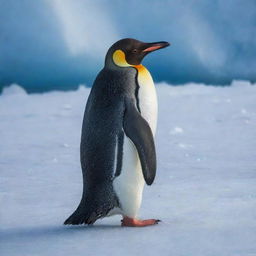 A detailed and vividly colored image of a Penguin in its frosty, ice-laden, Antarctic habitat.