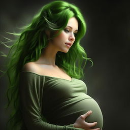 Create a hyper-realistic, UHD image of a green-haired woman with a pregnant belly, marveling at the beauty and perfection of the baby within. Emphasize natural textures and high detail.