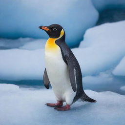 A detailed and vividly colored image of a Penguin in its frosty, ice-laden, Antarctic habitat.