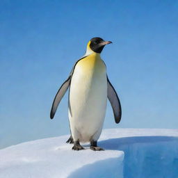 A happy, characterful emperor penguin standing on a snow-covered iceberg under a clear blue sky