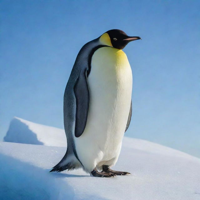 A happy, characterful emperor penguin standing on a snow-covered iceberg under a clear blue sky