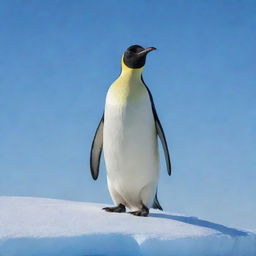 A happy, characterful emperor penguin standing on a snow-covered iceberg under a clear blue sky