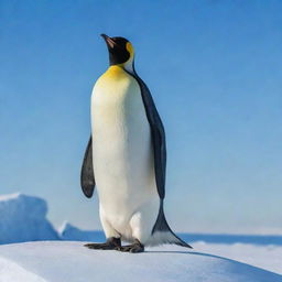 A happy, characterful emperor penguin standing on a snow-covered iceberg under a clear blue sky