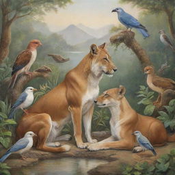 An affectionate scene of various species of animals showing love and companionship in a tranquil, natural setting