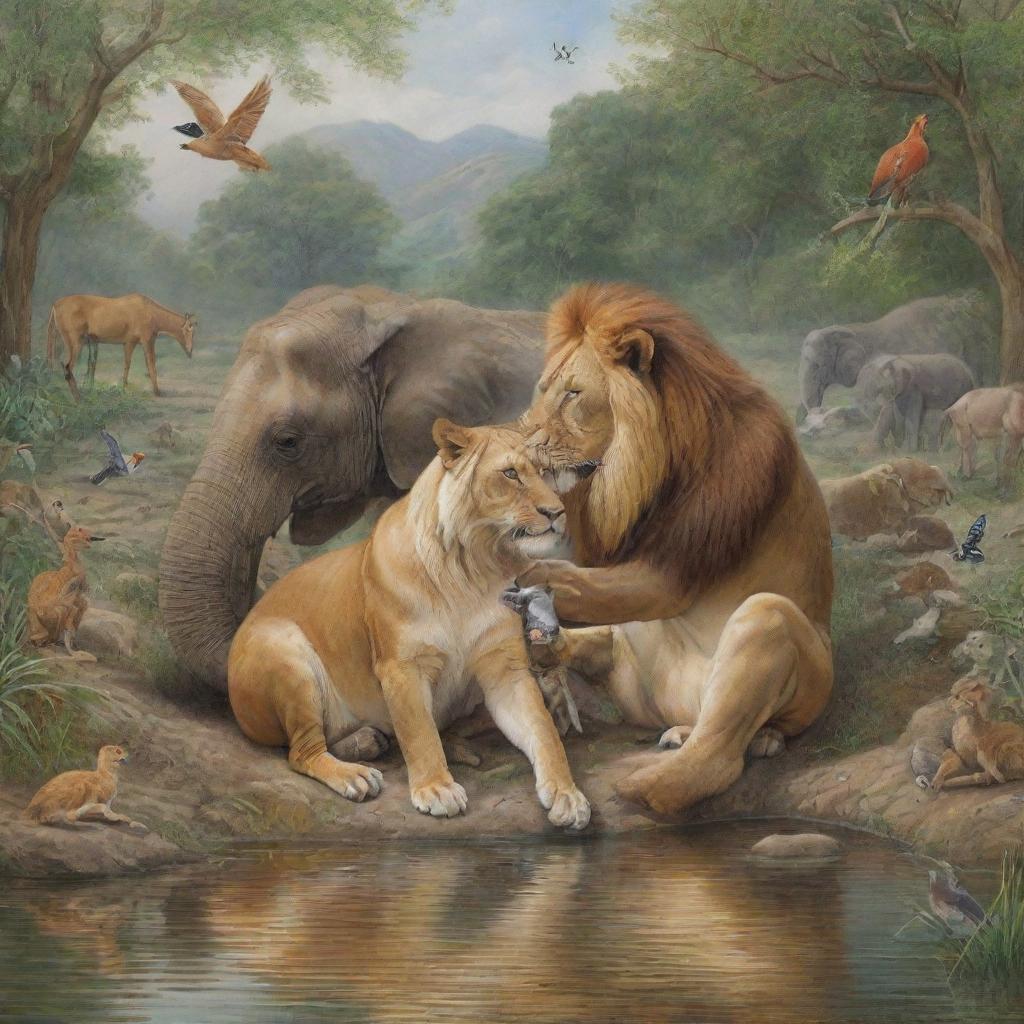 An affectionate scene of various species of animals showing love and companionship in a tranquil, natural setting