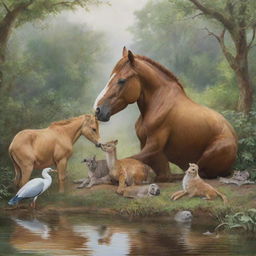 An affectionate scene of various species of animals showing love and companionship in a tranquil, natural setting