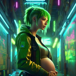 Generate a realistic, UHD image of a green-haired woman in a neon-lit cyberpunk setting, with a pregnant belly, struck by the beauty and perfection of her baby. The image should highlight natural textures in high detail.