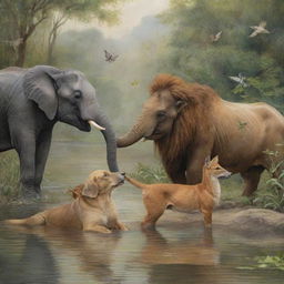 An affectionate scene of various species of animals showing love and companionship in a tranquil, natural setting