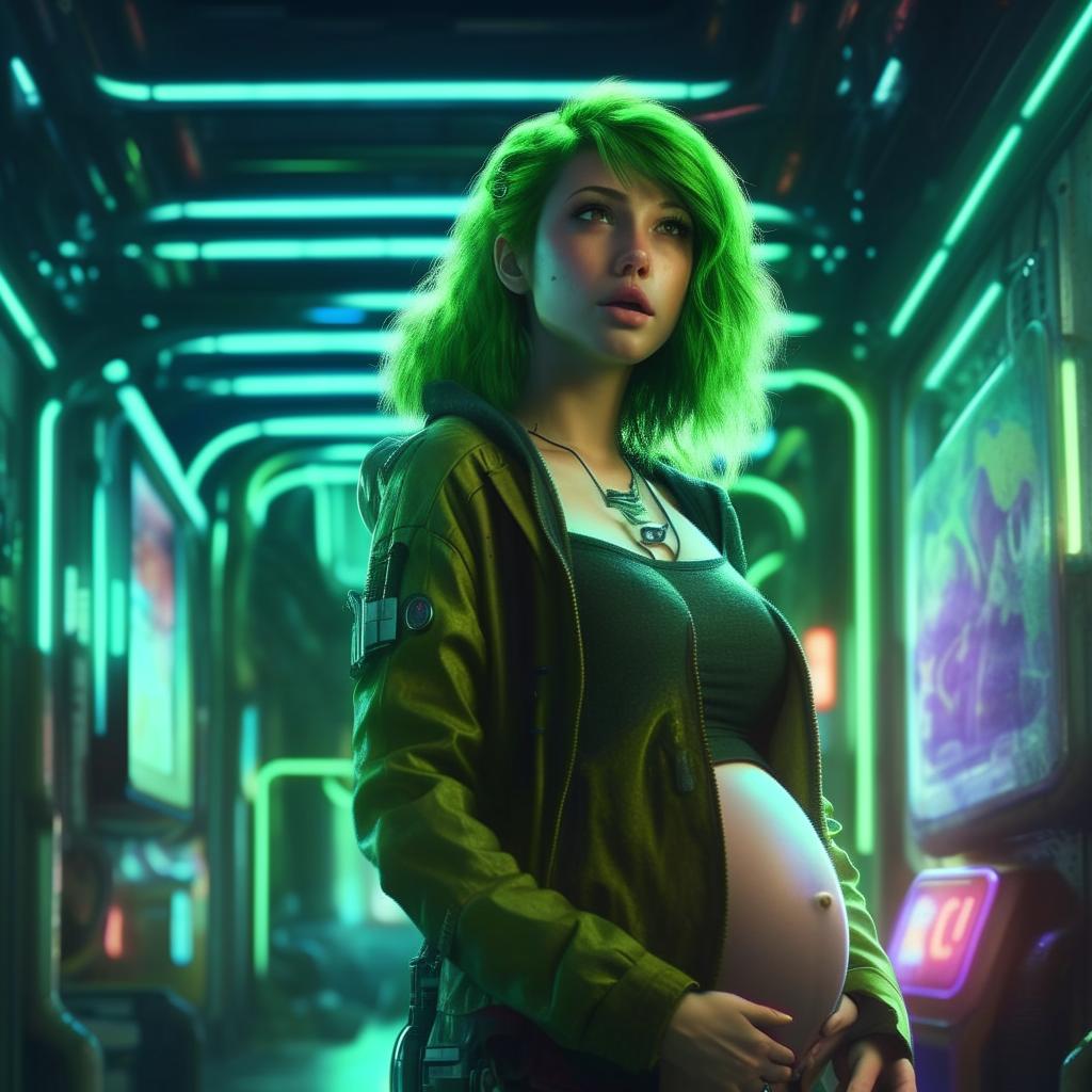 Generate a realistic, UHD image of a green-haired woman in a neon-lit cyberpunk setting, with a pregnant belly, struck by the beauty and perfection of her baby. The image should highlight natural textures in high detail.