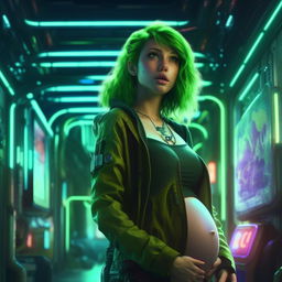 Generate a realistic, UHD image of a green-haired woman in a neon-lit cyberpunk setting, with a pregnant belly, struck by the beauty and perfection of her baby. The image should highlight natural textures in high detail.