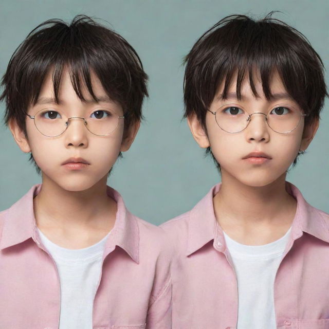 Anime style image of two identical twin boys. One is without glasses while the other wears a pair.