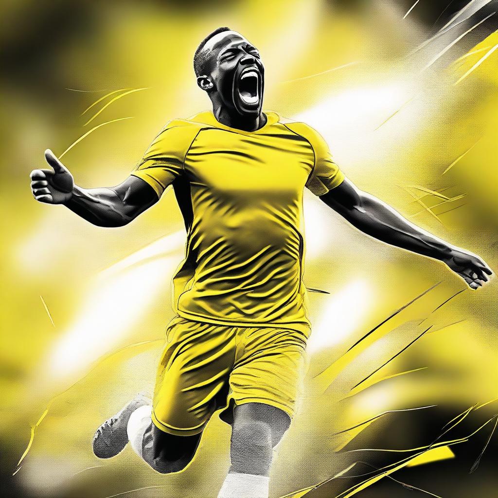 A high-quality digital art piece portraying a football player in a yellow and white uniform, exuberantly celebrating a goal