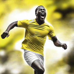 A high-quality digital art piece portraying a football player in a yellow and white uniform, exuberantly celebrating a goal