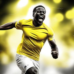 A high-quality digital art piece portraying a football player in a yellow and white uniform, exuberantly celebrating a goal