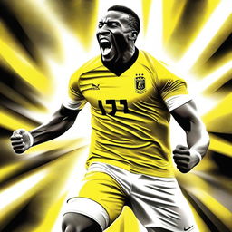 A high-quality digital art piece portraying a football player in a yellow and white uniform, exuberantly celebrating a goal