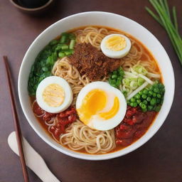 A bowl of delicious, steaming Ramyeon, complete with soft-boiled egg, fresh green onions, and vibrant red chili. Noodles are submerged in a flavor-rich spicy broth, offering a mouthwatering visual feast.