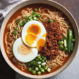 A bowl of delicious, steaming Ramyeon, complete with soft-boiled egg, fresh green onions, and vibrant red chili. Noodles are submerged in a flavor-rich spicy broth, offering a mouthwatering visual feast.