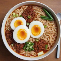 A bowl of delicious, steaming Ramyeon, complete with soft-boiled egg, fresh green onions, and vibrant red chili. Noodles are submerged in a flavor-rich spicy broth, offering a mouthwatering visual feast.