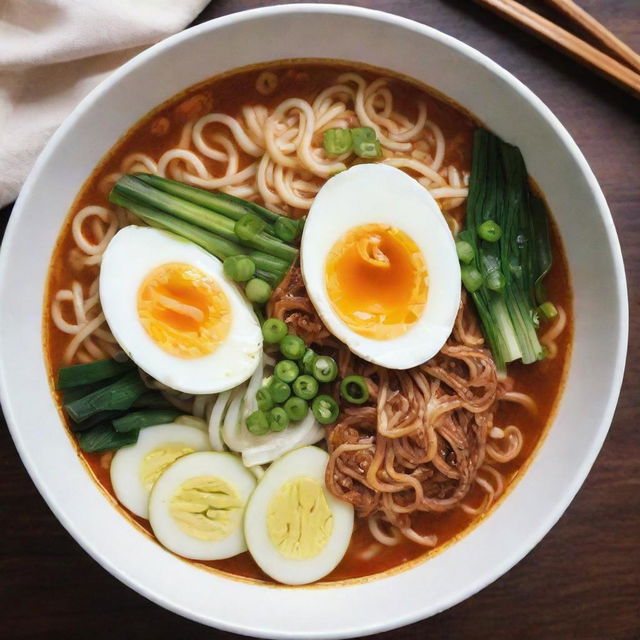 A bowl of delicious, steaming Ramyeon, complete with soft-boiled egg, fresh green onions, and vibrant red chili. Noodles are submerged in a flavor-rich spicy broth, offering a mouthwatering visual feast.