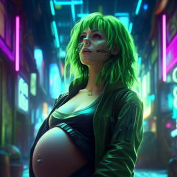 Generate a realistic, UHD image of a green-haired woman in a neon-lit cyberpunk setting, with a pregnant belly, struck by the beauty and perfection of her baby. The image should highlight natural textures in high detail.