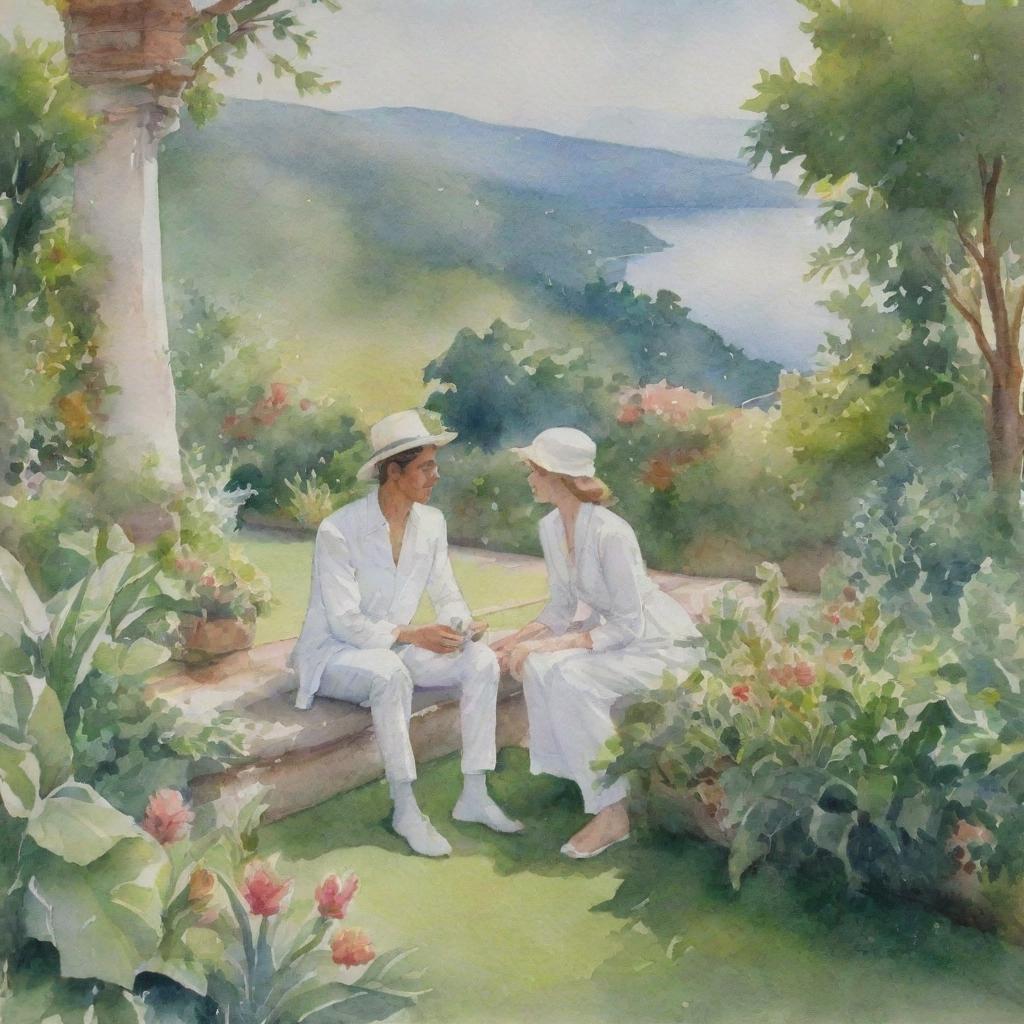 A watercolor painting of a lush garden with a scenic view on the right. A man and a woman sit together, both dressed in white outfits and long pants, engaged in conversation