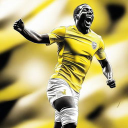 This is an exceptional digital art image, illustrating a white football player in a yellow and white uniform, jubilantly celebrating a goal