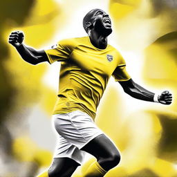 This is an exceptional digital art image, illustrating a white football player in a yellow and white uniform, jubilantly celebrating a goal