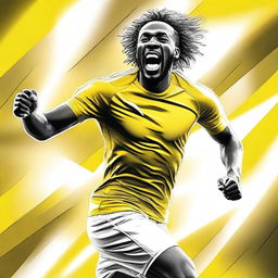 This is an exceptional digital art image, illustrating a white football player in a yellow and white uniform, jubilantly celebrating a goal