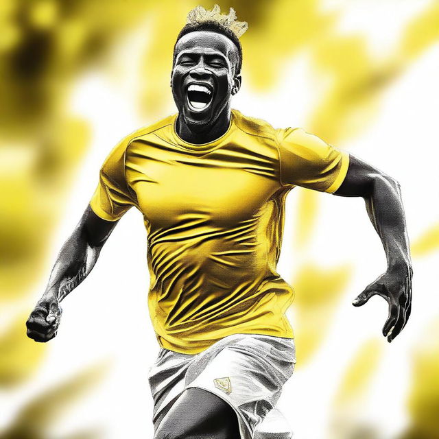 This is an exceptional digital art image, illustrating a white football player in a yellow and white uniform, jubilantly celebrating a goal