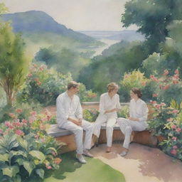 A watercolor painting of a lush garden with a scenic view on the right. A man and a woman sit together, both dressed in white outfits and long pants, engaged in conversation