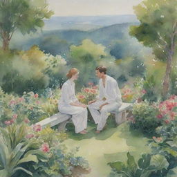 A watercolor painting of a lush garden with a scenic view on the right. A man and a woman sit together, both dressed in white outfits and long pants, engaged in conversation