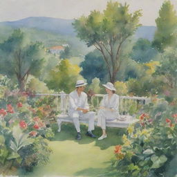 A watercolor painting of a lush garden with a scenic view on the right. A man and a woman sit together, both dressed in white outfits and long pants, engaged in conversation