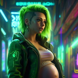 Generate a realistic, UHD image of a green-haired woman in a neon-lit cyberpunk setting, with a pregnant belly, struck by the beauty and perfection of her baby. The image should highlight natural textures in high detail.