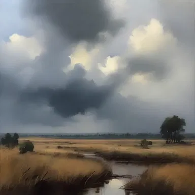 The artist skillfully painted the cloudiness of the landscape, creating a melancholic atmosphere in the artwork.