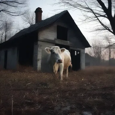In the dark, abandoned farmhouse, the cow began to emit an eerie lowing sound, sending shivers down the spines of all who heard.