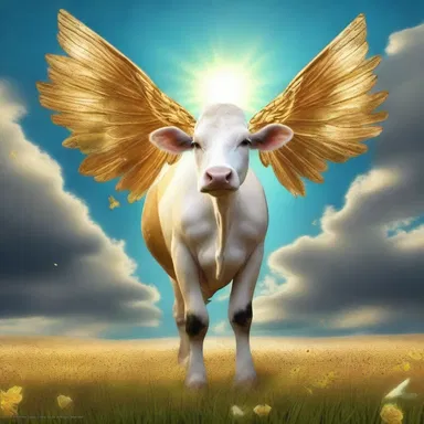 As she stood before the enchanted portal, the cow suddenly sprouted golden wings, ready to take flight into the mystical realm.